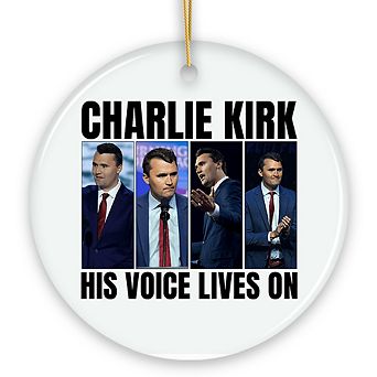 His Voice Lives On Charlie Kirk Graphic Christmas Ornament, Patriotic Republican Gift and Tree Decor
