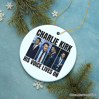 His Voice Lives On Charlie Kirk Graphic Christmas Ornament, Patriotic Republican Gift and Tree Decor