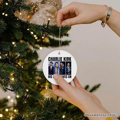 His Voice Lives On Charlie Kirk Graphic Christmas Ornament, Patriotic Republican Gift and Tree Decor