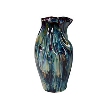 Fera Decorative Flower Vase, Ruffled Edge, 15 Inch Shiny Blue Ceramic