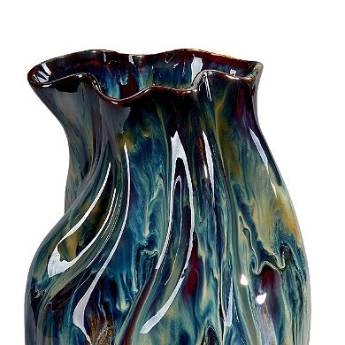 Fera Decorative Flower Vase, Ruffled Edge, 15 Inch Shiny Blue Ceramic