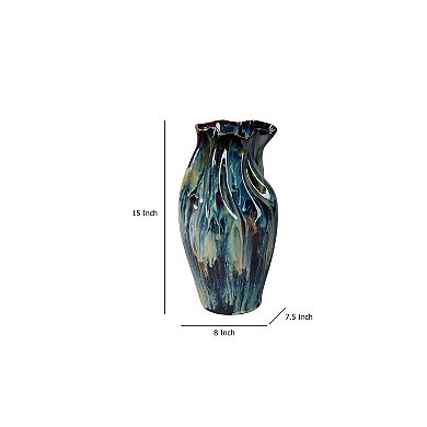 Fera Decorative Flower Vase, Ruffled Edge, 15 Inch Shiny Blue Ceramic