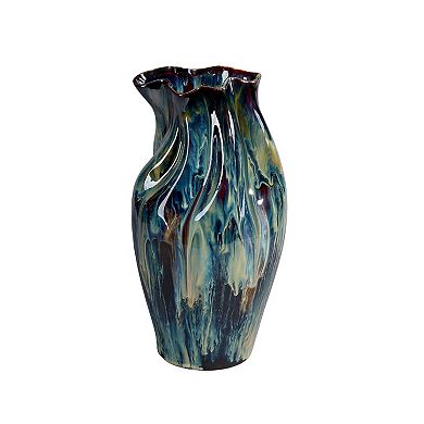 Fera Decorative Flower Vase, Ruffled Edge, 15 Inch Shiny Blue Ceramic