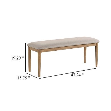 Aruk Dining Bench, 47 Inch Khaki Rectangular Fabric Seat, Brown Wood
