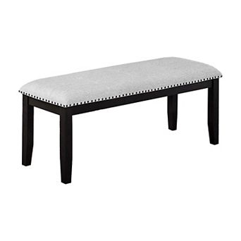 Amber Dining Bench, Gray Fabric Seat w Nailheads, Black Wood, 48 Inch