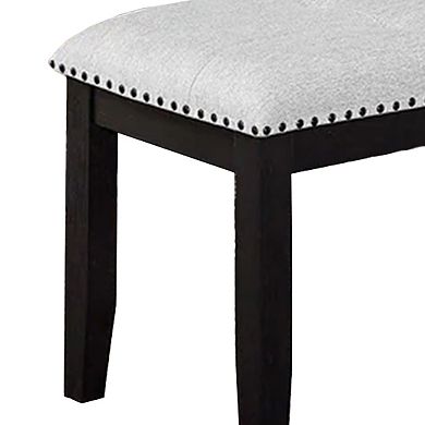 Amber Dining Bench, Gray Fabric Seat w Nailheads, Black Wood, 48 Inch