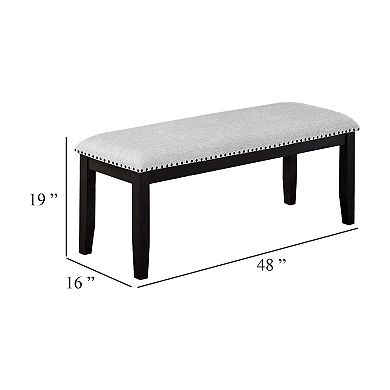 Amber Dining Bench, Gray Fabric Seat w Nailheads, Black Wood, 48 Inch