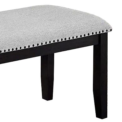 Amber Dining Bench, Gray Fabric Seat w Nailheads, Black Wood, 48 Inch