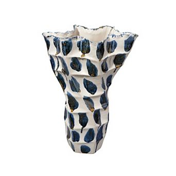 Nery Decorative Vase, Blue White Patchwork Ceramic, Ruffled Edge