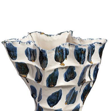 Nery Decorative Vase, Blue White Patchwork Ceramic, Ruffled Edge