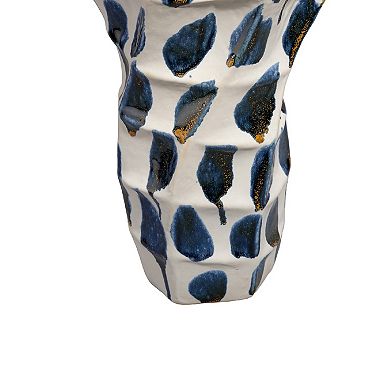 Nery Decorative Vase, Blue White Patchwork Ceramic, Ruffled Edge