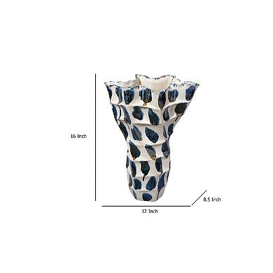 Nery Decorative Vase, Blue White Patchwork Ceramic, Ruffled Edge