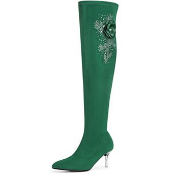 Rhinestone Flower Pointed Toe Stiletto Heel Over the Knee High Boots for Women