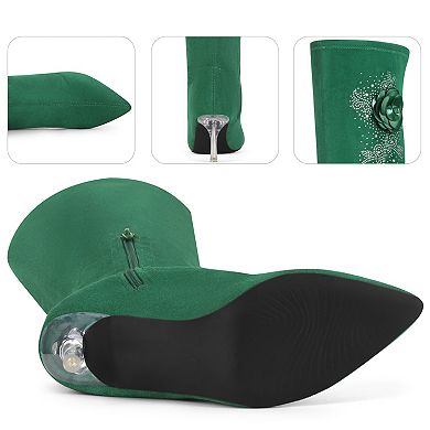 Rhinestone Flower Pointed Toe Stiletto Heel Over the Knee High Boots for Women