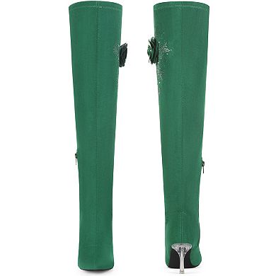 Rhinestone Flower Pointed Toe Stiletto Heel Over the Knee High Boots for Women