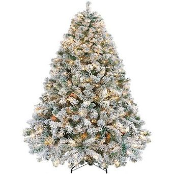 Pre-Lit Snowy Artificial Christmas Tree with PVC Branches, Foldable Metal Stand&Easy Assembly