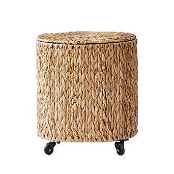 Natural Water Hyacinth Wicker Rolling Basket with Lid and Wheels