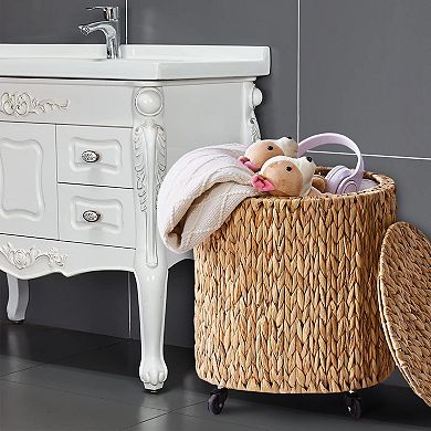 Natural Water Hyacinth Wicker Rolling Basket with Lid and Wheels