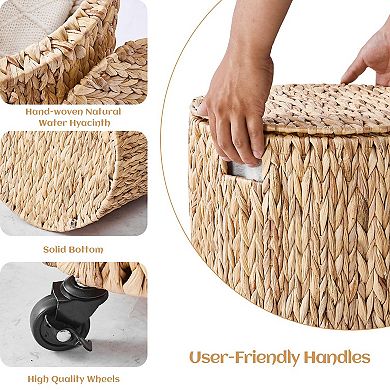 Natural Water Hyacinth Wicker Rolling Basket with Lid and Wheels