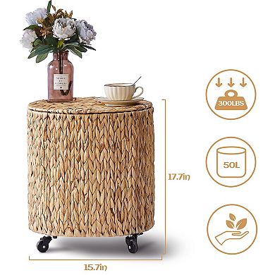 Natural Water Hyacinth Wicker Rolling Basket with Lid and Wheels