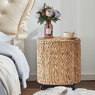 Natural Water Hyacinth Wicker Rolling Basket with Lid and Wheels