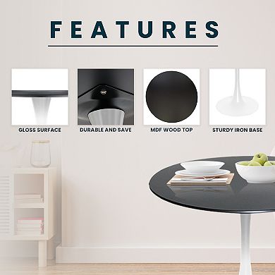 Leisuremod Bristol Modern Round Dining Table With A 31" Wood Top In Iron Pedestal Base