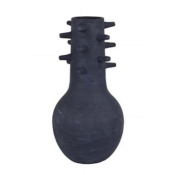 Enya Flower Vase, 3D Spiked Accent Narrow Neck, Black Ceramic, 18 Inch