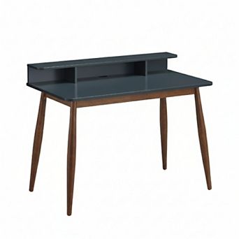 GOMYHOME Mid-Century Modern Writing Desk with Storage Hutch, Small Space Laptop Table, Blue/Walnut