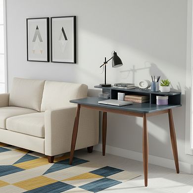 GOMYHOME Mid-Century Modern Writing Desk with Storage Hutch, Small Space Laptop Table, Blue/Walnut