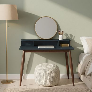 GOMYHOME Mid-Century Modern Writing Desk with Storage Hutch, Small Space Laptop Table, Blue/Walnut