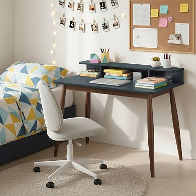 GOMYHOME Mid-Century Modern Writing Desk with Storage Hutch, Small Space Laptop Table, Blue/Walnut