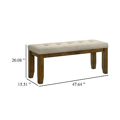 Liyo Dining Bench, Tufted Beige Upholstery Seat, Brown Wood, 48 Inch