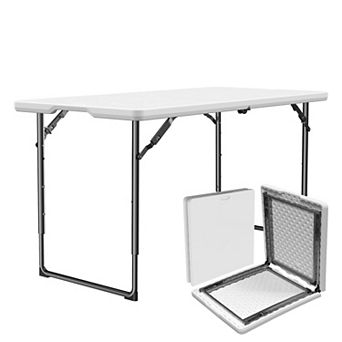 4ft Heavy Duty Fold-in-Half Table with Adjustable Height Portable Plastic Top Steel Legs