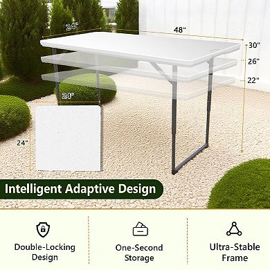 4ft Heavy Duty Fold-in-Half Table with Adjustable Height Portable Plastic Top Steel Legs