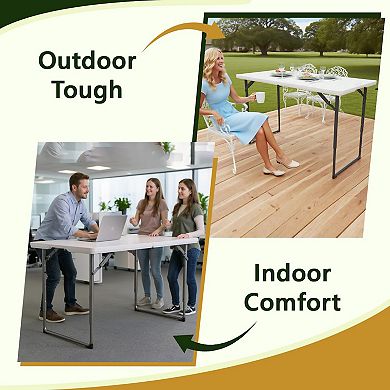 4ft Heavy Duty Fold-in-Half Table with Adjustable Height Portable Plastic Top Steel Legs