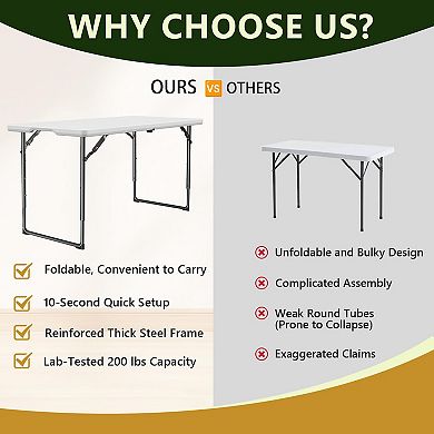 4ft Heavy Duty Fold-in-Half Table with Adjustable Height Portable Plastic Top Steel Legs