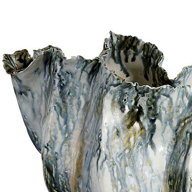 Tery Decorative Vase, Wavy Fishtail, 16 Inch Glossy Blue White Ceramic