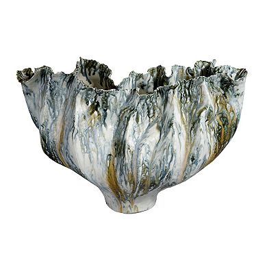 Tery Decorative Vase, Wavy Fishtail, 16 Inch Glossy Blue White Ceramic