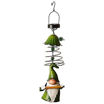 G128 Solar Green Hat Gnome with Flute Garden Gnome Hanging Outdoor Decoration with LED Lights