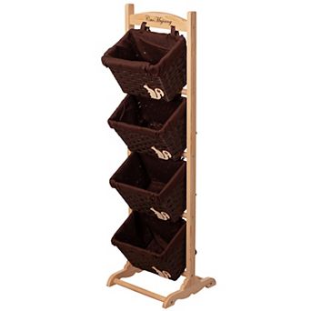 4 tier Wooden Frame Stand with Woven-Inspired Plastic Baskets Freestanding Organizer Rack