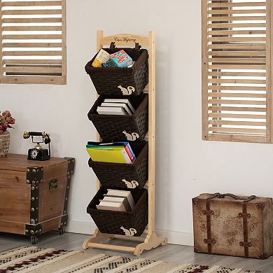 4-Tier Wooden Frame Stand with Woven-Inspired Plastic Baskets Freestanding Organizer Rack