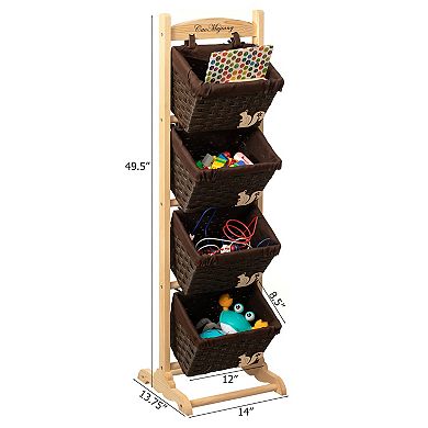 4-Tier Wooden Frame Stand with Woven-Inspired Plastic Baskets Freestanding Organizer Rack