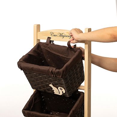 4-Tier Wooden Frame Stand with Woven-Inspired Plastic Baskets Freestanding Organizer Rack
