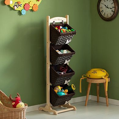 4-Tier Wooden Frame Stand with Woven-Inspired Plastic Baskets Freestanding Organizer Rack