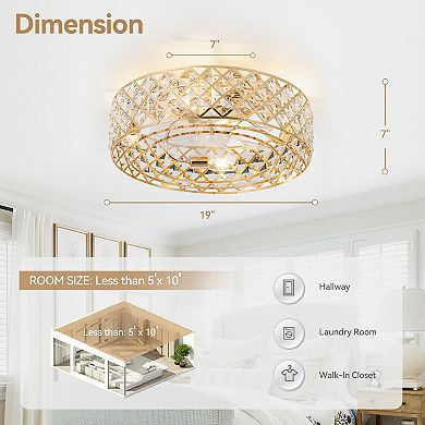 19-Inch Ceiling Fan with Crystal Cage Shade, 7 Transparent ABS Blades, DC Motor, Remote Control