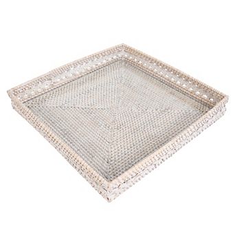 Saboga Home™ Braided Design Rattan Square Tray with Glass Insert