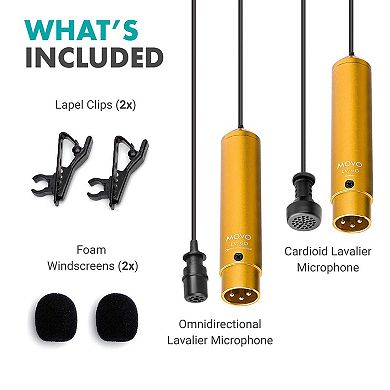 Movo LV-6 Pro Grade Omnidirectional and Cardioid XLR Lavalier Condenser Microphone Set
