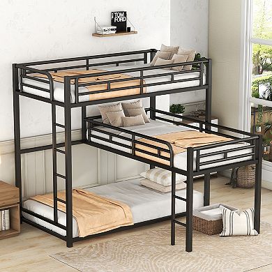Whisen L-shaped Metal Triple Twin Size Bunk Bed with 2 Ladders