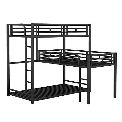 Whisen L-shaped Metal Triple Twin Size Bunk Bed with 2 Ladders