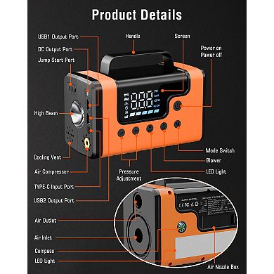 Car Jump Start, 150PSI Air and Vacuum: 3000A for 8.0L Gas/6.0L Diesel